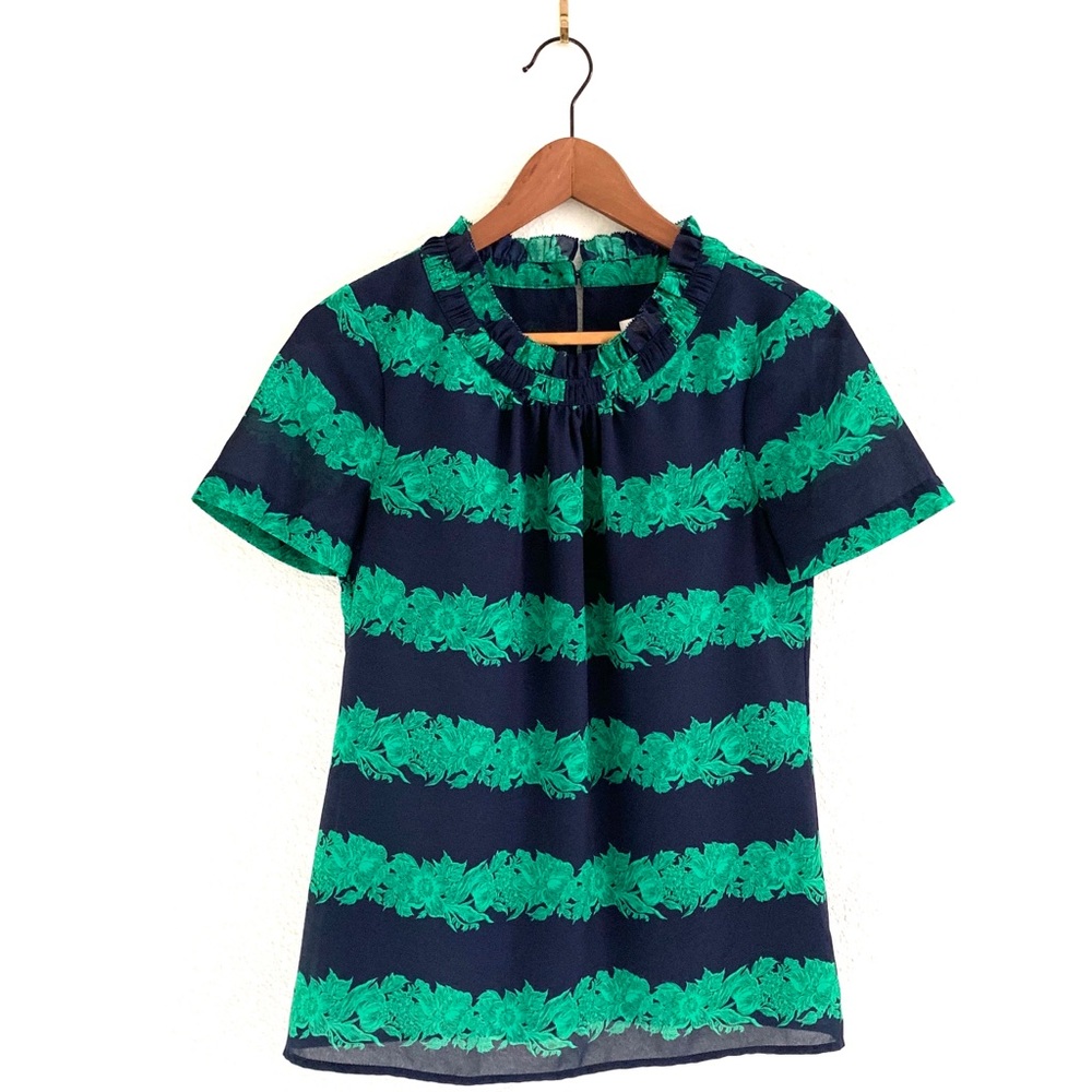 J Crew Ruffle Collar Floral Striped Blouse Navy